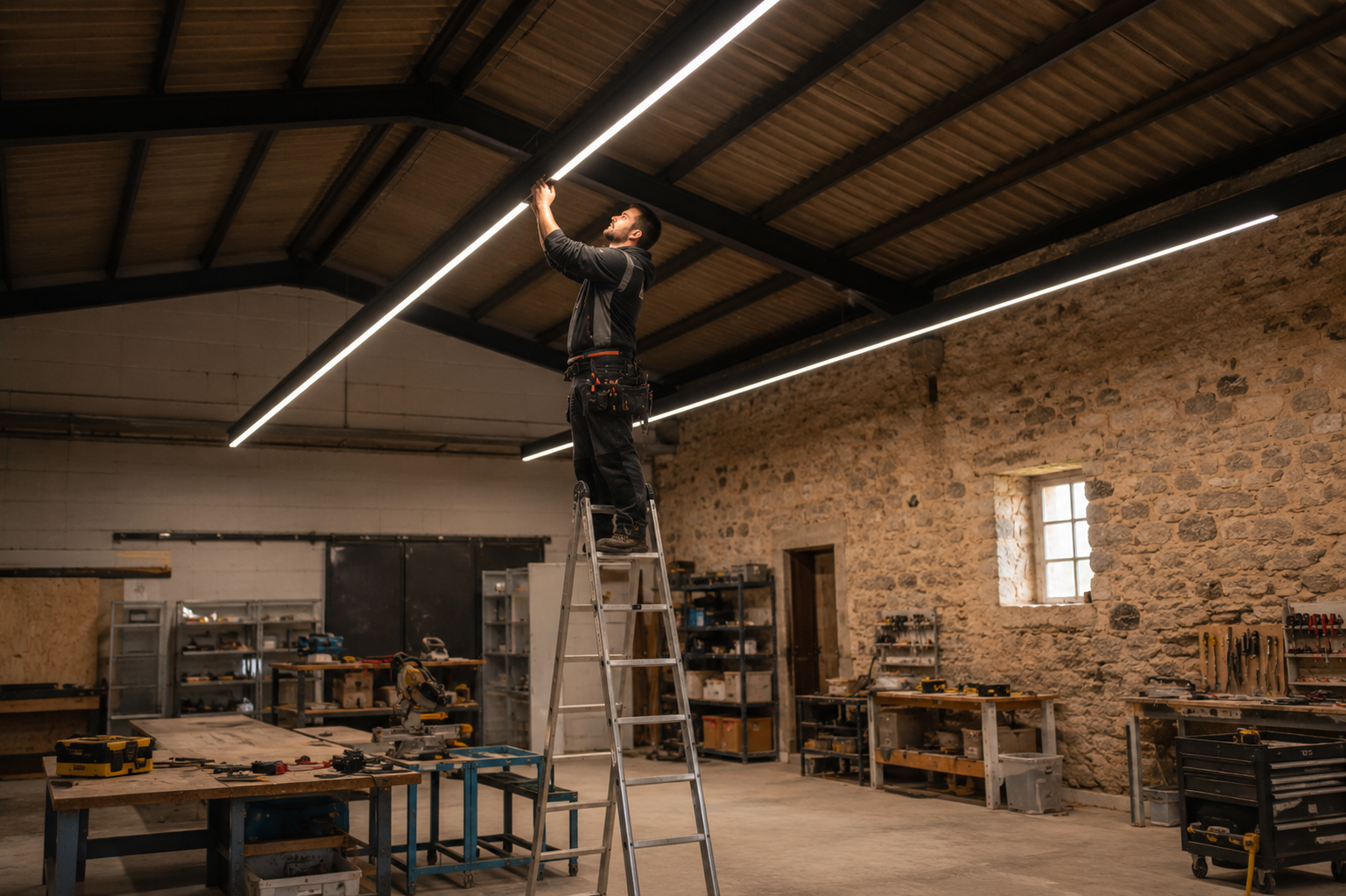 Técnico instalando iluminación lineal LED en nave o local