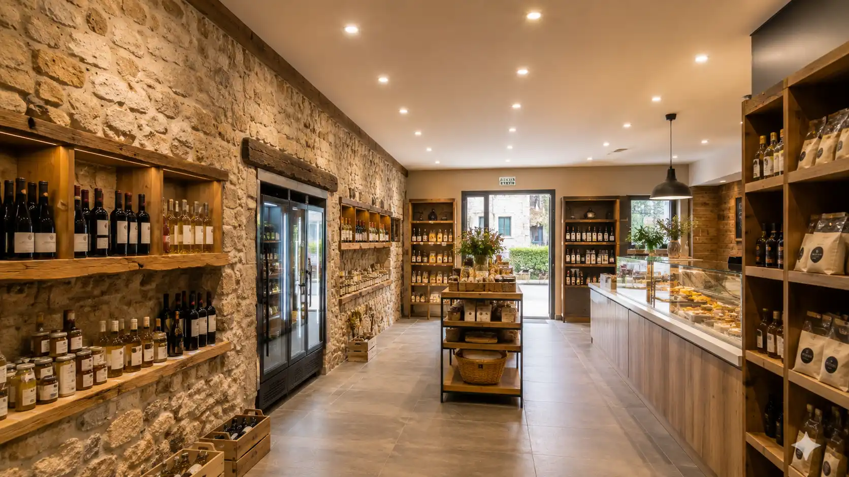 Tienda gourmet con iluminación LED empotrada y lineal sobre estanterías