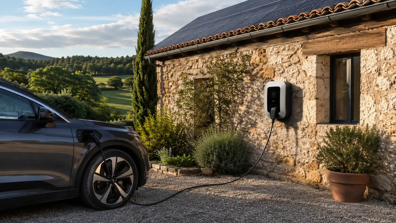 Cargador doméstico monitorizado instalado en casa de campo con paneles solares