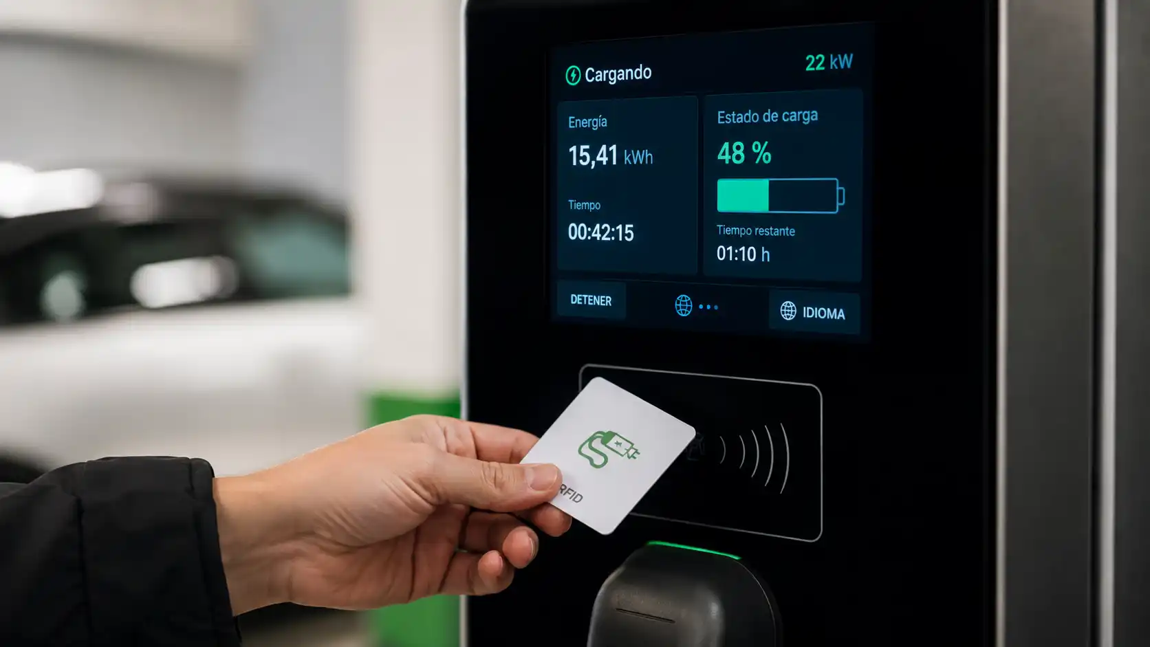 Usuario identificándose con tarjeta RFID en la pantalla de un cargador