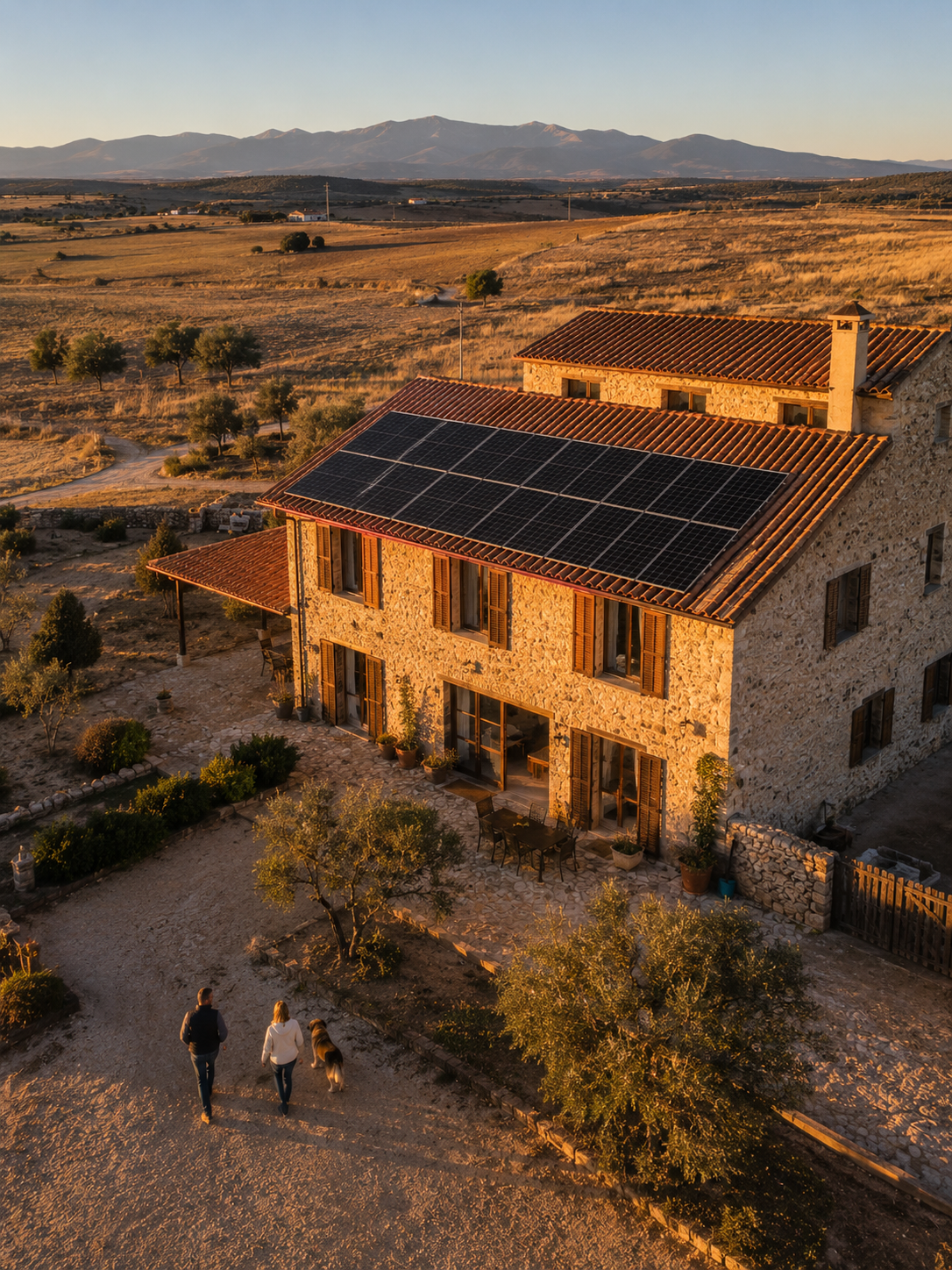 Casa rural con instalación solar al atardecer en Castilla y León