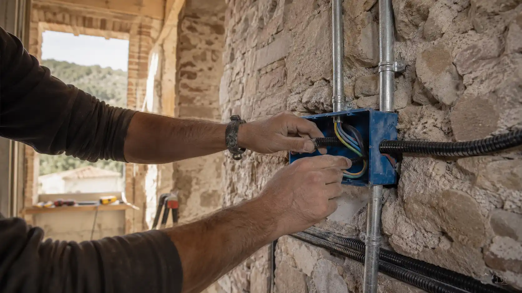 Técnico conectando canalizaciones en una caja de registro sobre muro de piedra