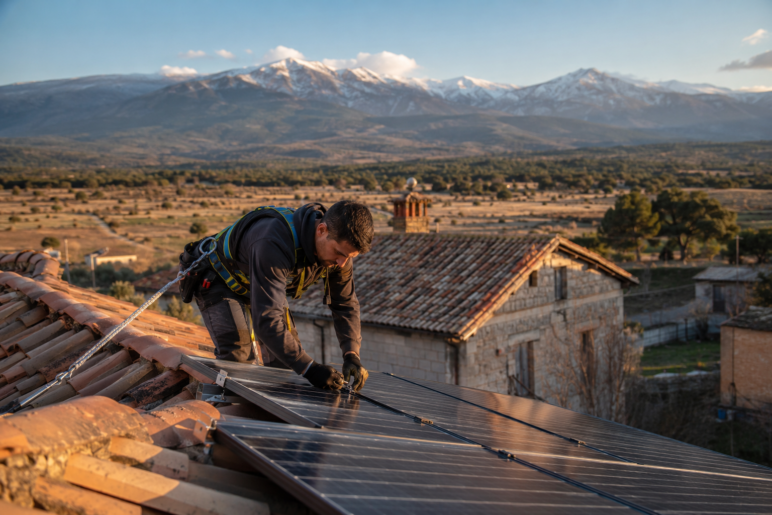 Técnico instalando placas solares en cubierta con la sierra al fondo