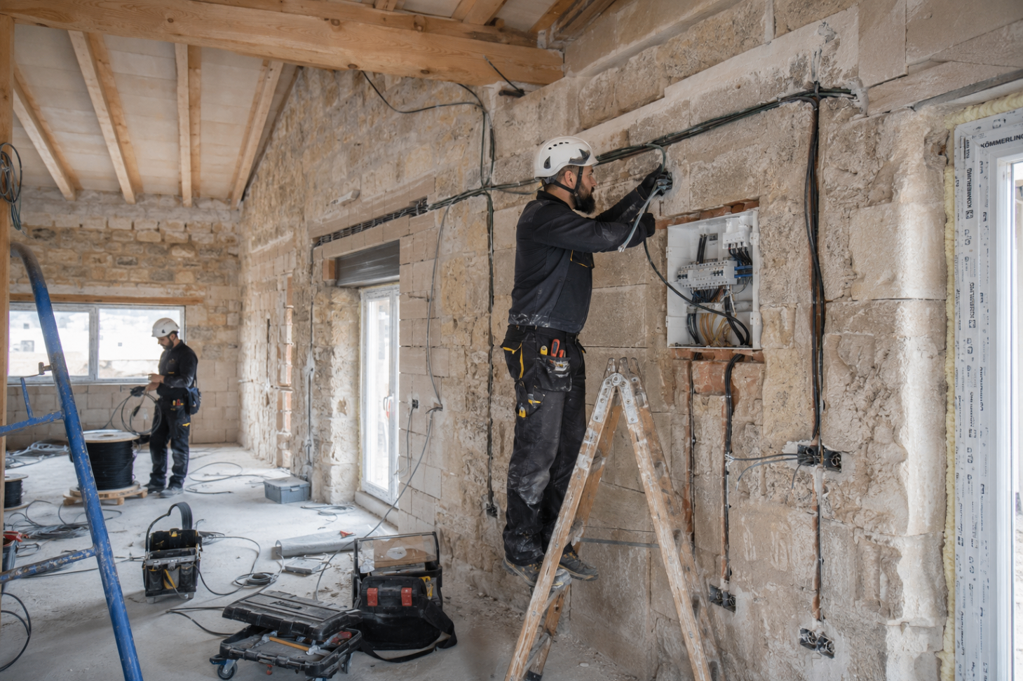 Equipo realizando instalación eléctrica integral en obra nueva